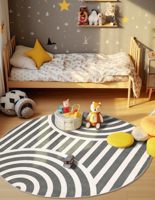 Silver Gray 7' 10 x 7' 10 Whimsy Kids Round Area Rug for Baby Nursery, Toddler Playroom, Bedrooms Playful Fun Design Easy Clean Carpet for Sale at Rug Engine