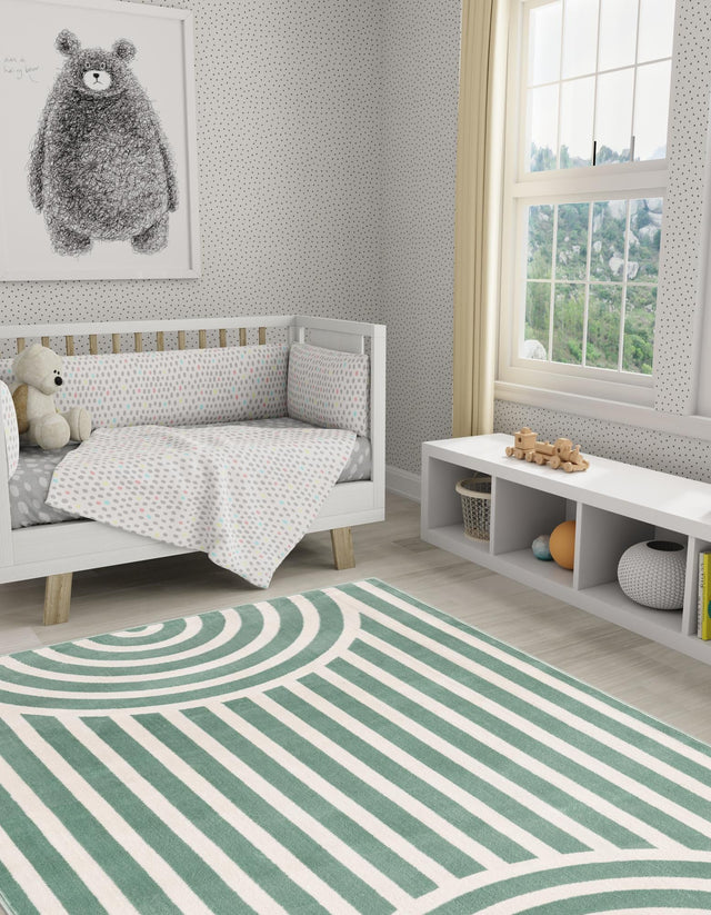 Soft Green 4' 1 x 6' 1 Whimsy Kids Rectangle Area Rug for Baby Nursery, Toddler Playroom, Bedrooms