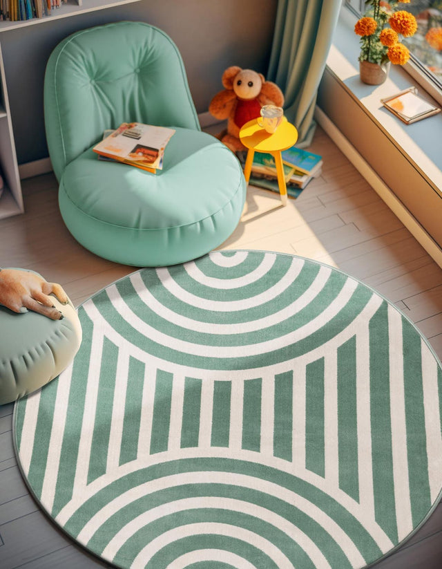 Soft Green 7' 10 x 7' 10 Whimsy Kids Round Area Rug for Baby Nursery, Toddler Playroom, Bedrooms Playful Fun Design Easy Clean Carpet for Sale at Rug Engine