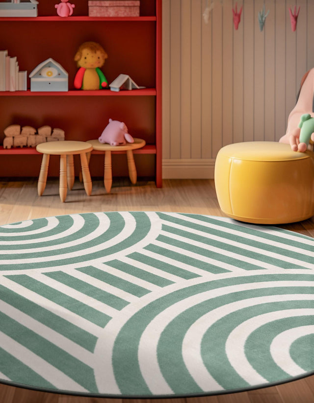Soft Green 7' 10 x 7' 10 Whimsy Kids Round Area Rug for Baby Nursery, Toddler Playroom, Bedrooms Playful Fun Design Easy Clean Carpet for Sale at Rug Engine