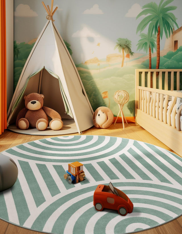 Soft Green 5' 3 x 5' 3 Whimsy Kids Round Area Rug for Baby Nursery, Toddler Playroom, Bedrooms