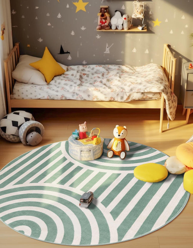Soft Green 5' 3 x 5' 3 Whimsy Kids Round Area Rug for Baby Nursery, Toddler Playroom, Bedrooms