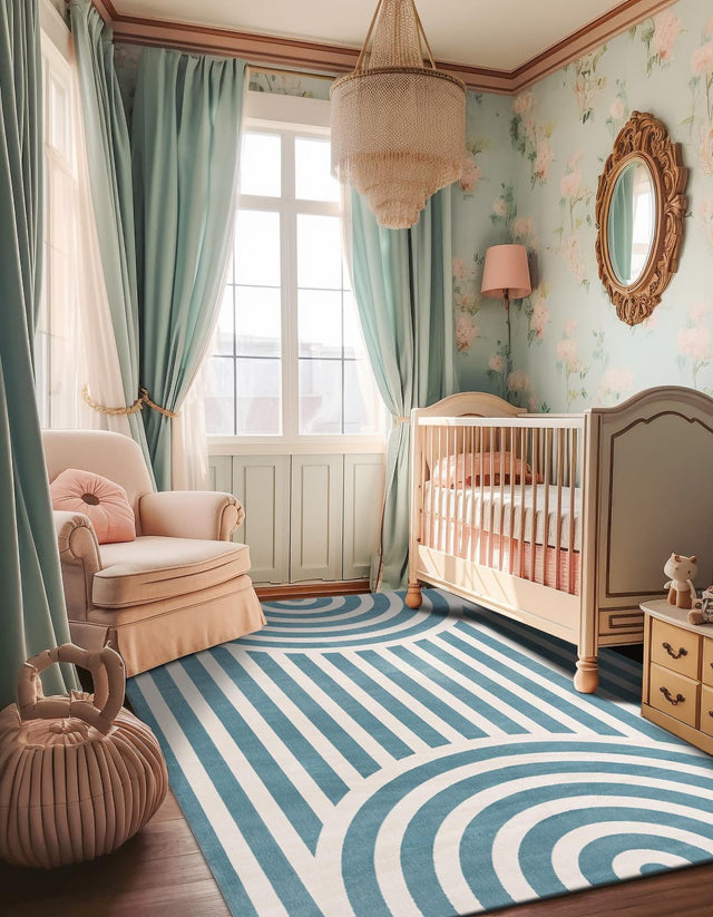 Sky blue 5' 1 x 7' 1 Whimsy Kids Rectangle Area Rug for Baby Nursery, Toddler Playroom, Bedrooms