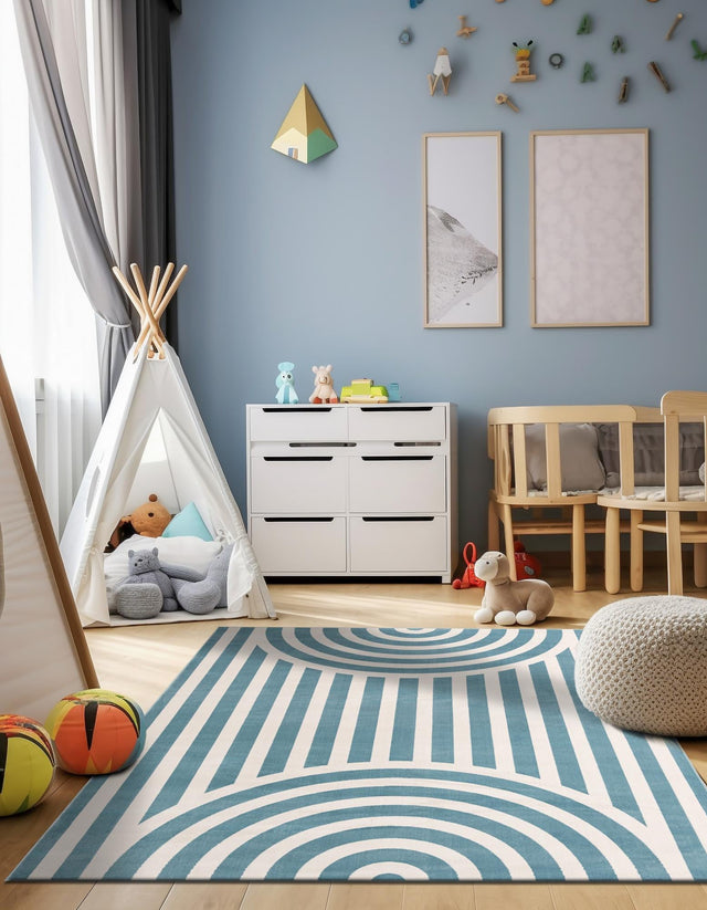 Sky blue 5' 1 x 7' 1 Whimsy Kids Rectangle Area Rug for Baby Nursery, Toddler Playroom, Bedrooms