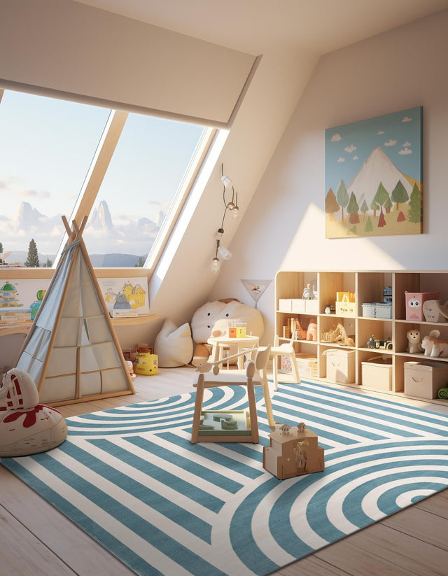 Sky blue 7' 10 x 10' Whimsy Kids Rectangle Area Rug for Baby Nursery, Toddler Playroom, Bedrooms Playful Fun Design Easy Clean Carpet for Sale at Rug Engine