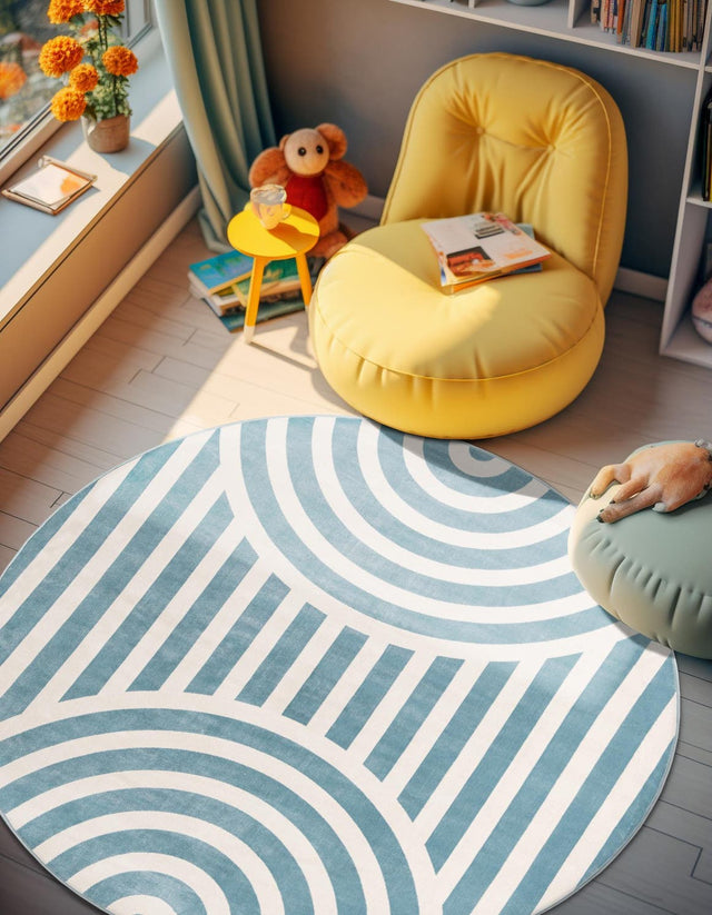 Sky blue 5' 3 x 5' 3 Whimsy Kids Round Area Rug for Baby Nursery, Toddler Playroom, Bedrooms Playful Fun Design Easy Clean Carpet for Sale at Rug Engine