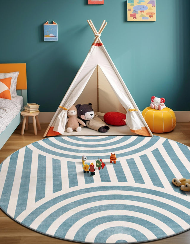 Sky blue 5' 3 x 5' 3 Whimsy Kids Round Area Rug for Baby Nursery, Toddler Playroom, Bedrooms Playful Fun Design Easy Clean Carpet for Sale at Rug Engine