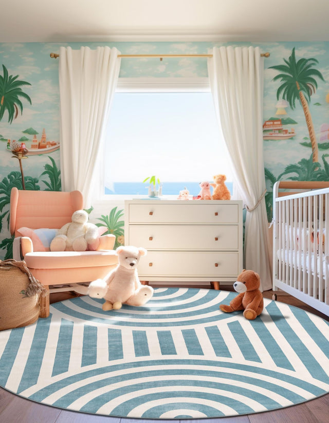 Sky blue 3' 1 x 3' 1 Whimsy Kids Round Area Rug for Baby Nursery, Toddler Playroom, Bedrooms