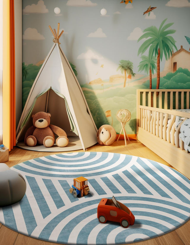 Sky blue 3' 1 x 3' 1 Whimsy Kids Round Area Rug for Baby Nursery, Toddler Playroom, Bedrooms