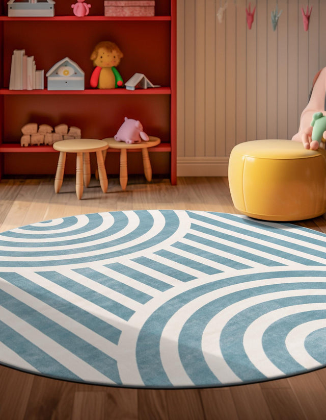 Sky blue 7' 10 x 7' 10 Whimsy Kids Round Area Rug for Baby Nursery, Toddler Playroom, Bedrooms