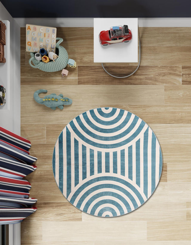 Sky blue 7' 10 x 7' 10 Whimsy Kids Round Area Rug for Baby Nursery, Toddler Playroom, Bedrooms