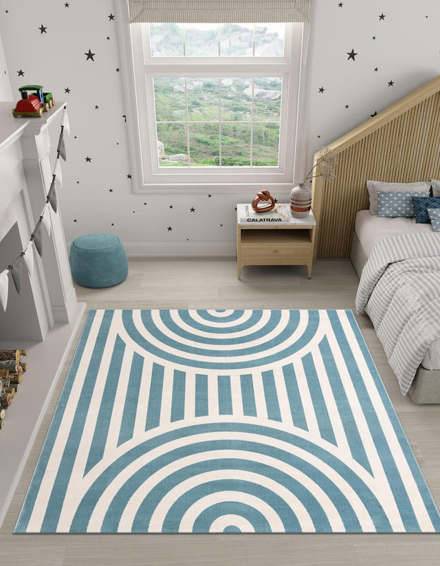 Sky blue 7' 10 x 7' 10 Whimsy Kids Square Area Rug for Baby Nursery, Toddler Playroom, Bedrooms