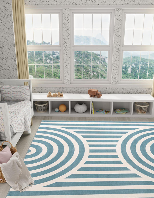 Sky blue 7' 10 x 7' 10 Whimsy Kids Square Area Rug for Baby Nursery, Toddler Playroom, Bedrooms