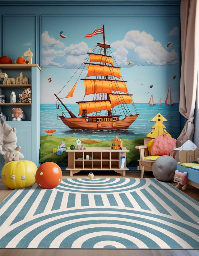 Sky blue 7' 10 x 7' 10 Whimsy Kids Square Area Rug for Baby Nursery, Toddler Playroom, Bedrooms