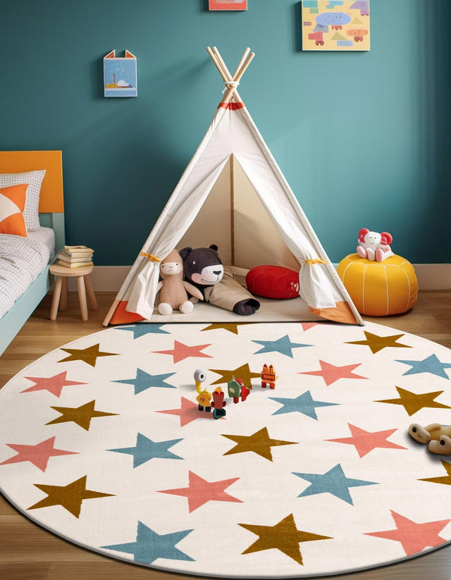 Multicolor 7' 10 x 7' 10 Whimsy Kids Round Area Rug for Baby Nursery, Toddler Playroom, Bedrooms Playful Fun Design Easy Clean Carpet for Sale at Rug Engine