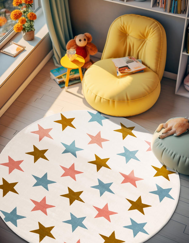 Multicolor 4' 1 x 4' 1 Whimsy Kids Round Area Rug for Baby Nursery, Toddler Playroom, Bedrooms Playful Fun Design Easy Clean Carpet for Sale at Rug Engine