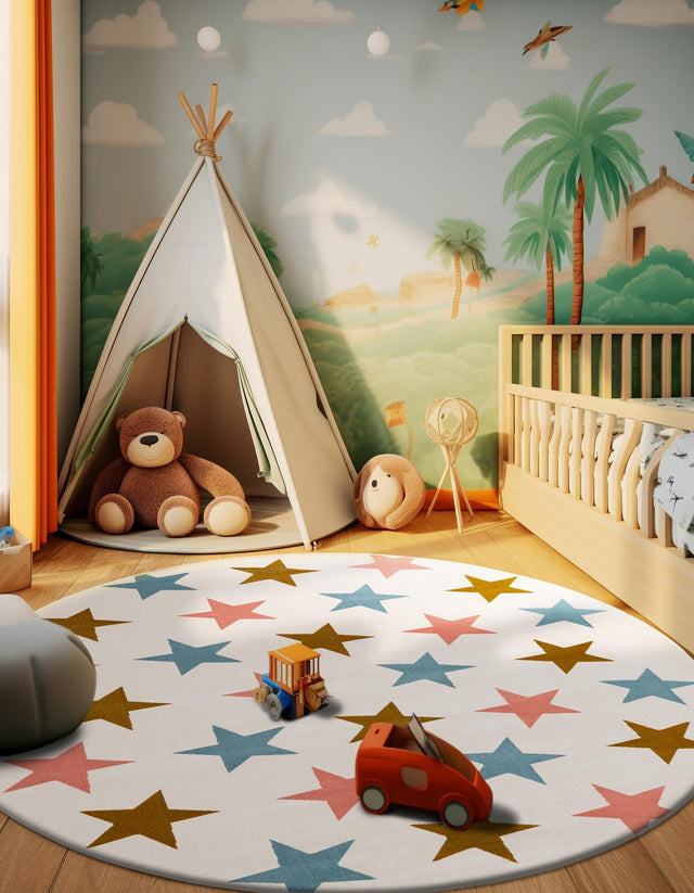 Multicolor 4' 1 x 4' 1 Whimsy Kids Round Area Rug for Baby Nursery, Toddler Playroom, Bedrooms Playful Fun Design Easy Clean Carpet for Sale at Rug Engine