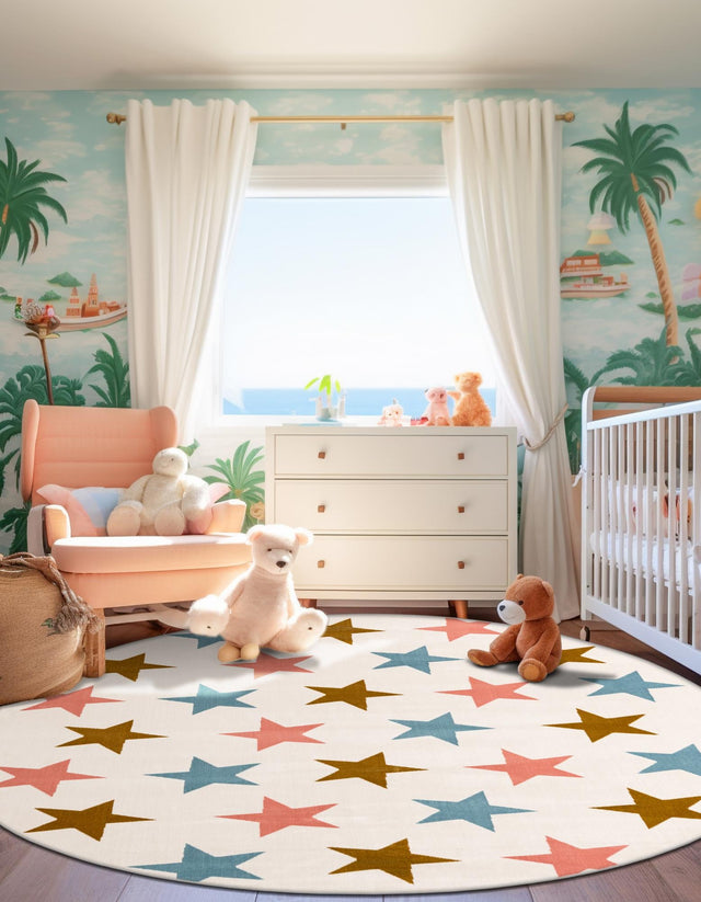 Multicolor 4' 1 x 4' 1 Whimsy Kids Round Area Rug for Baby Nursery, Toddler Playroom, Bedrooms Playful Fun Design Easy Clean Carpet for Sale at Rug Engine