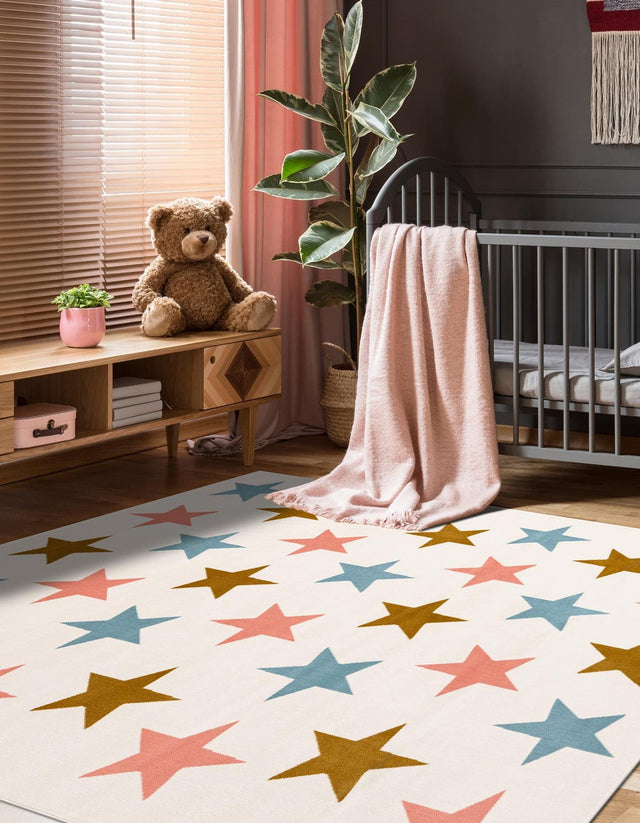 Multicolor 7' 10 x 7' 10 Whimsy Kids Square Area Rug for Baby Nursery, Toddler Playroom, Bedrooms Playful Fun Design Easy Clean Carpet for Sale at Rug Engine