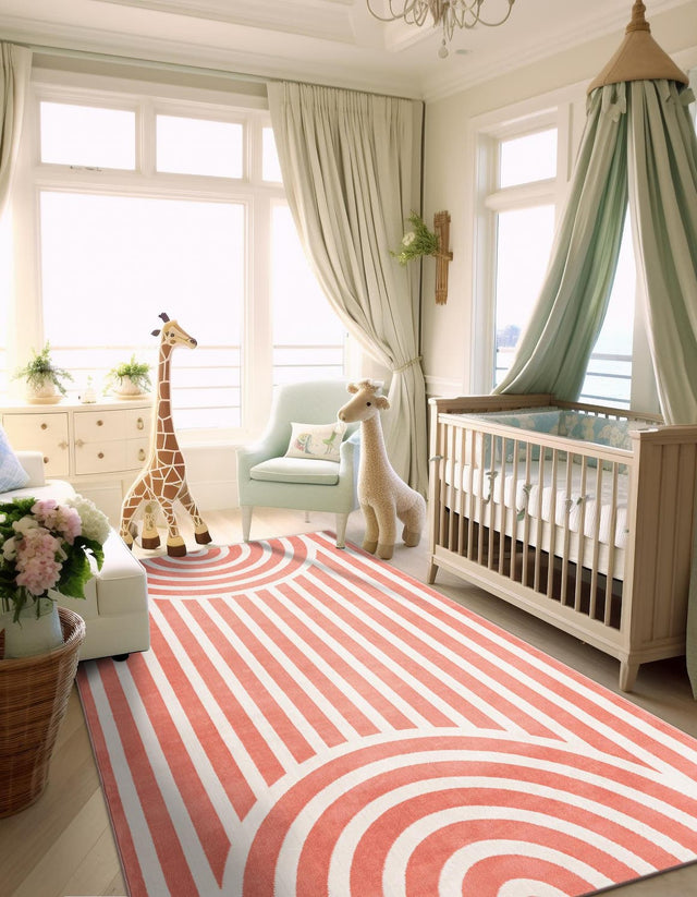 Soft Coral Pink 5' 3 x 8' Whimsy Kids Rectangle Area Rug for Baby Nursery, Toddler Playroom, Bedrooms Playful Fun Design Easy Clean Carpet for Sale at Rug Engine