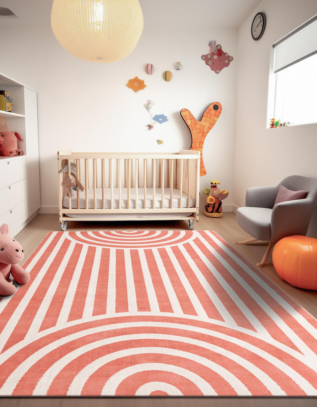 Soft Coral Pink 5' 1 x 7' 1 Whimsy Kids Rectangle Area Rug for Baby Nursery, Toddler Playroom, Bedrooms Playful Fun Design Easy Clean Carpet for Sale at Rug Engine