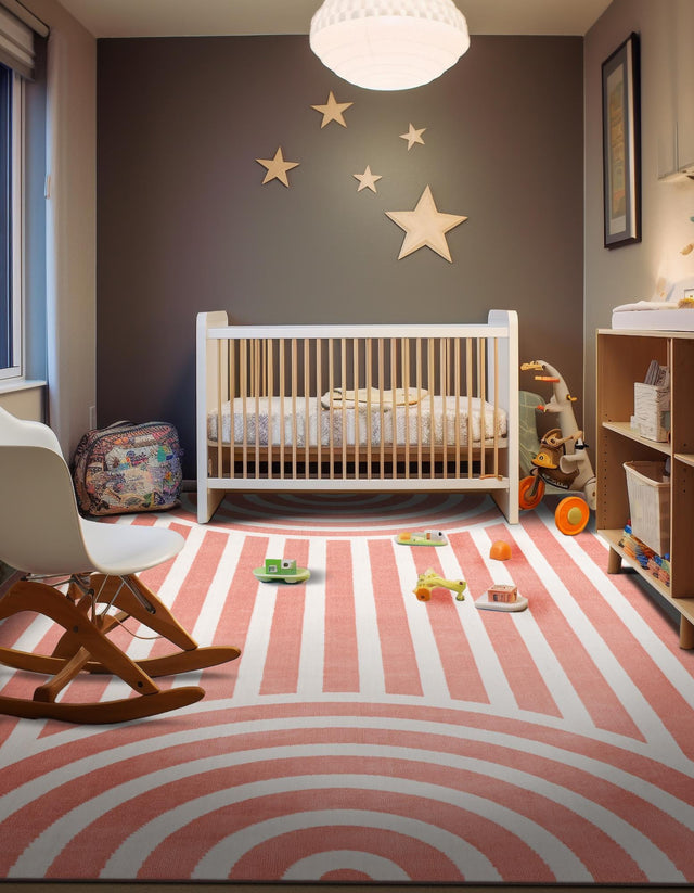 Soft Coral Pink 6' 1 x 9' Whimsy Kids Rectangle Area Rug for Baby Nursery, Toddler Playroom, Bedrooms Playful Fun Design Easy Clean Carpet for Sale at Rug Engine