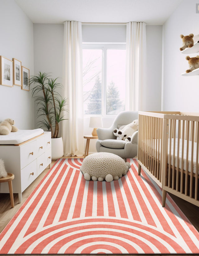 Soft Coral Pink 5' 3 x 8' Whimsy Kids Rectangle Area Rug for Baby Nursery, Toddler Playroom, Bedrooms Playful Fun Design Easy Clean Carpet for Sale at Rug Engine