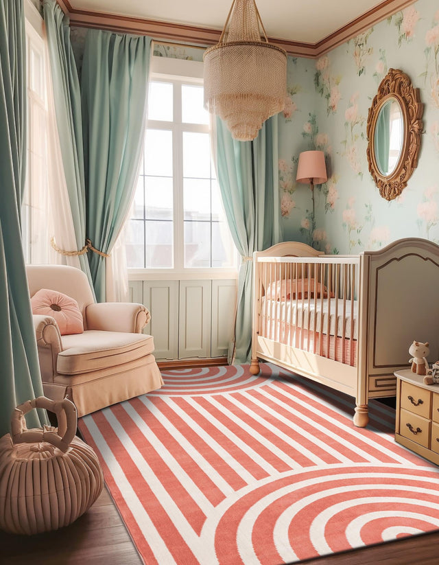 Soft Coral Pink 6' 1 x 9' Whimsy Kids Rectangle Area Rug for Baby Nursery, Toddler Playroom, Bedrooms Playful Fun Design Easy Clean Carpet for Sale at Rug Engine