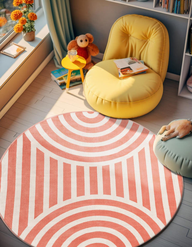 Soft Coral Pink 5' 3 x 5' 3 Whimsy Kids Round Area Rug for Baby Nursery, Toddler Playroom, Bedrooms Playful Fun Design Easy Clean Carpet for Sale at Rug Engine