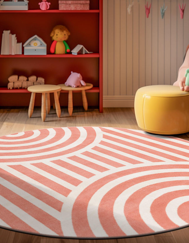 Soft Coral Pink 4' 1 x 4' 1 Whimsy Kids Round Area Rug for Baby Nursery, Toddler Playroom, Bedrooms