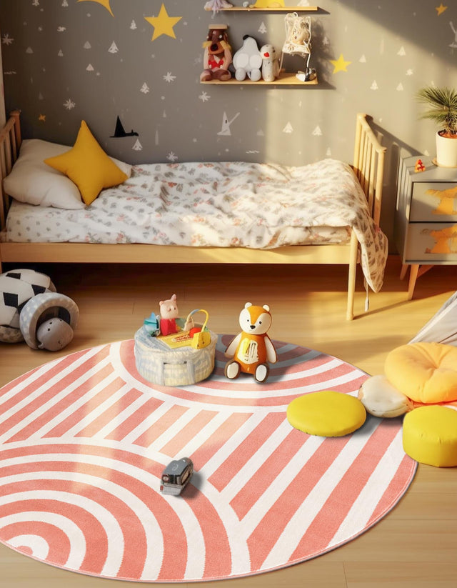 Soft Coral Pink 3' 1 x 3' 1 Whimsy Kids Round Area Rug for Baby Nursery, Toddler Playroom, Bedrooms