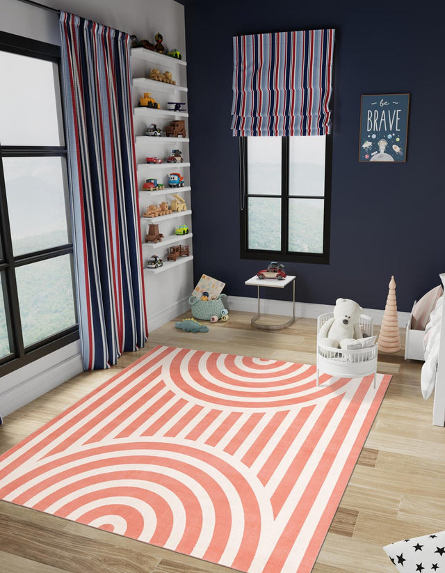 Soft Coral Pink 7' 10 x 7' 10 Whimsy Kids Square Area Rug for Baby Nursery, Toddler Playroom, Bedrooms Playful Fun Design Easy Clean Carpet for Sale at Rug Engine