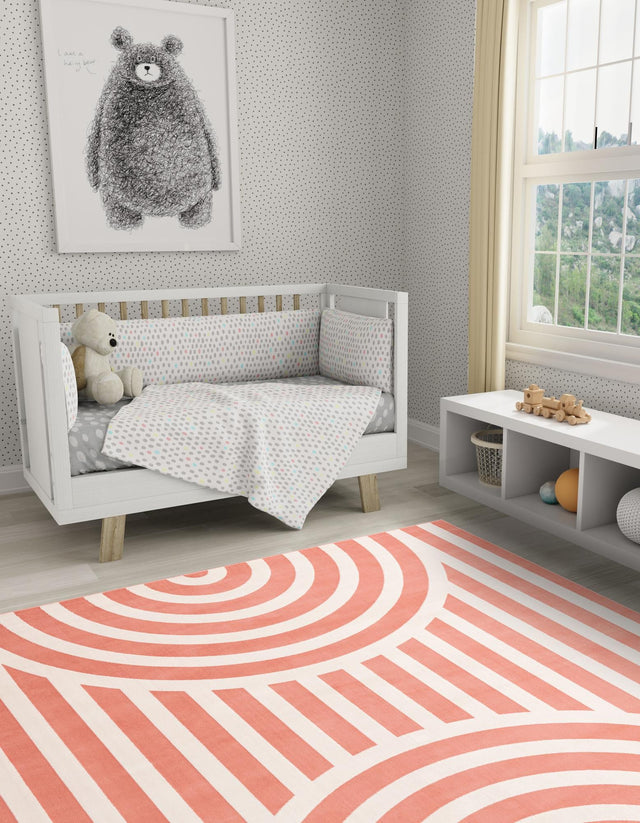 Soft Coral Pink 7' 10 x 7' 10 Whimsy Kids Square Area Rug for Baby Nursery, Toddler Playroom, Bedrooms Playful Fun Design Easy Clean Carpet for Sale at Rug Engine
