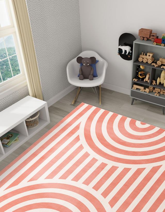Soft Coral Pink 7' 10 x 7' 10 Whimsy Kids Square Area Rug for Baby Nursery, Toddler Playroom, Bedrooms Playful Fun Design Easy Clean Carpet for Sale at Rug Engine