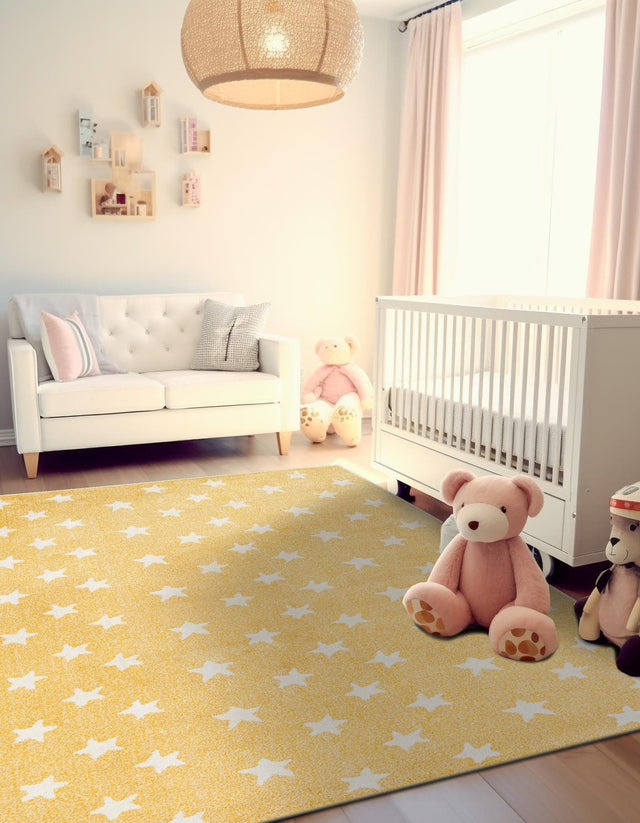 Soft Yellow 7' 10 x 10' Whimsy Kids Rectangle Area Rug for Baby Nursery, Toddler Playroom, Bedrooms Playful Fun Design Easy Clean Carpet for Sale at Rug Engine
