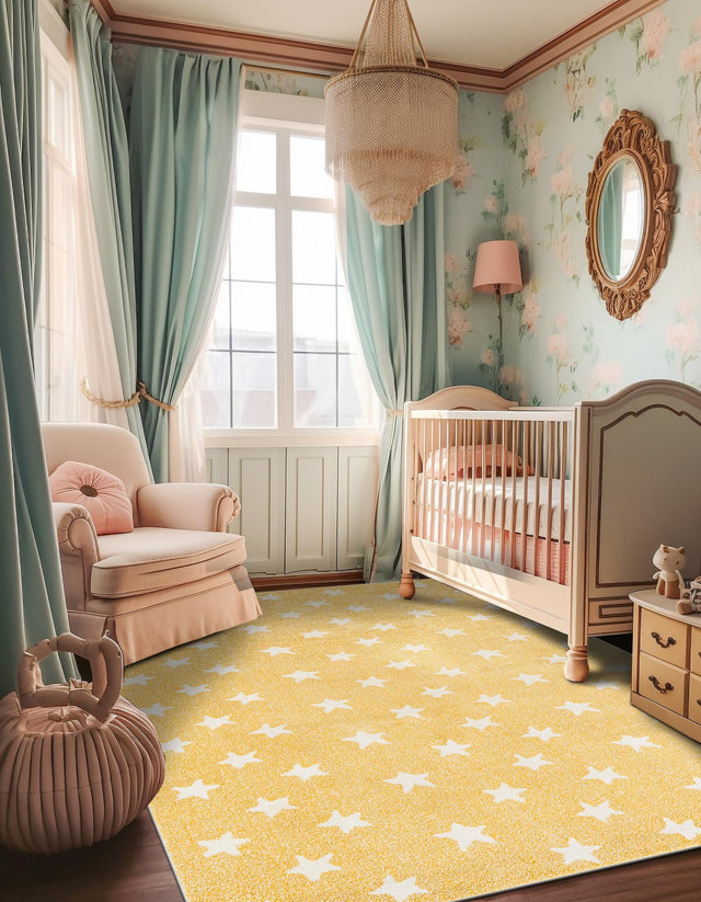 Soft Yellow 7' 10 x 10' Whimsy Kids Rectangle Area Rug for Baby Nursery, Toddler Playroom, Bedrooms Playful Fun Design Easy Clean Carpet for Sale at Rug Engine