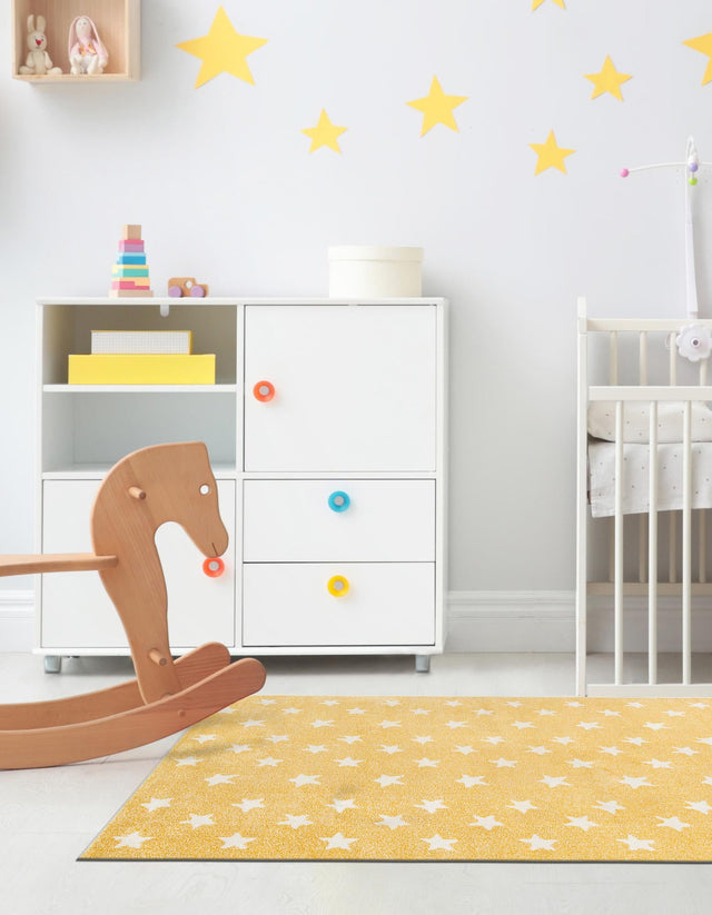Soft Yellow 4' 1 x 6' 1 Whimsy Kids Rectangle Area Rug for Baby Nursery, Toddler Playroom, Bedrooms Playful Fun Design Easy Clean Carpet for Sale at Rug Engine