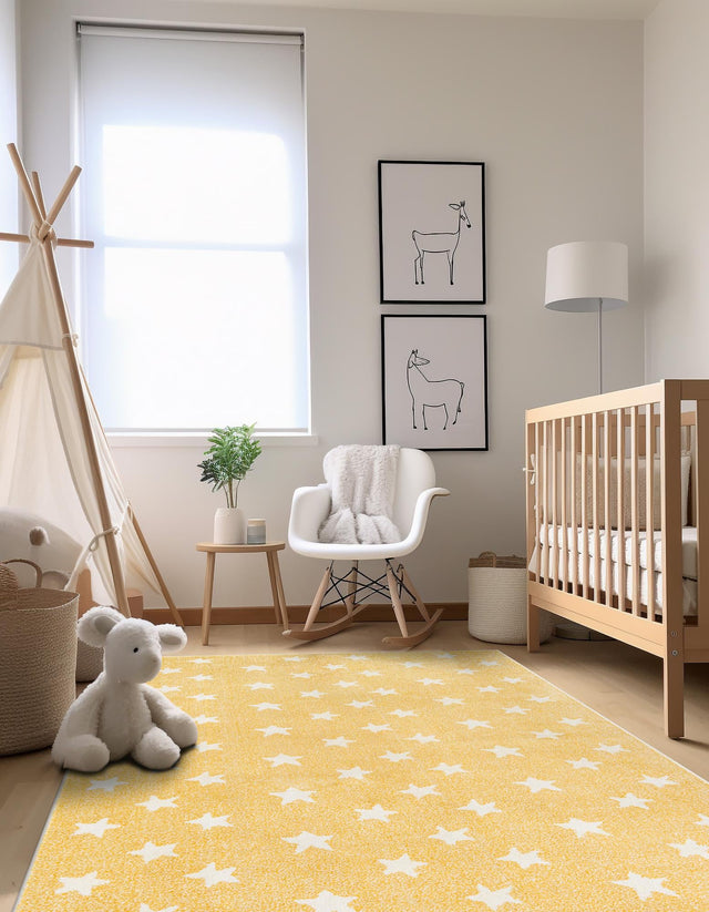 Soft Yellow 4' 1 x 6' 1 Whimsy Kids Rectangle Area Rug for Baby Nursery, Toddler Playroom, Bedrooms Playful Fun Design Easy Clean Carpet for Sale at Rug Engine