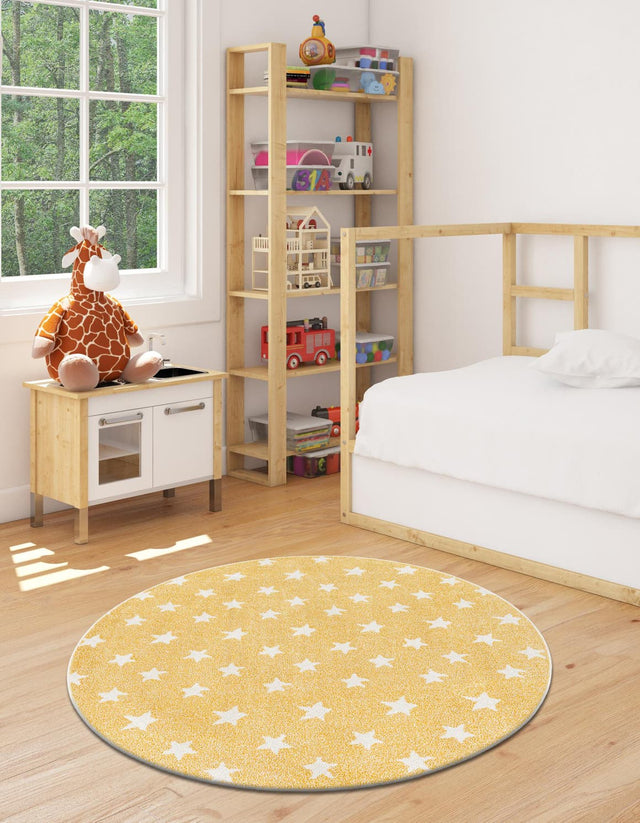 Soft Yellow 2' 2 x 2' 2 Whimsy Kids Round Area Rug for Baby Nursery, Toddler Playroom, Bedrooms Playful Fun Design Easy Clean Carpet for Sale at Rug Engine