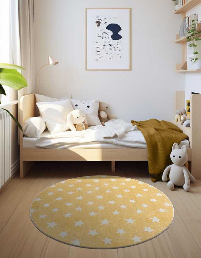 Soft Yellow 6' 1 x 6' 1 Whimsy Kids Round Area Rug for Baby Nursery, Toddler Playroom, Bedrooms