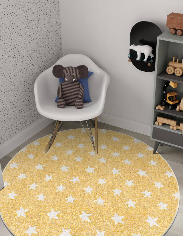 Soft Yellow 7' 10 x 7' 10 Whimsy Kids Round Area Rug for Baby Nursery, Toddler Playroom, Bedrooms