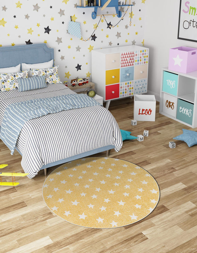 Soft Yellow 2' 2 x 2' 2 Whimsy Kids Round Area Rug for Baby Nursery, Toddler Playroom, Bedrooms Playful Fun Design Easy Clean Carpet for Sale at Rug Engine