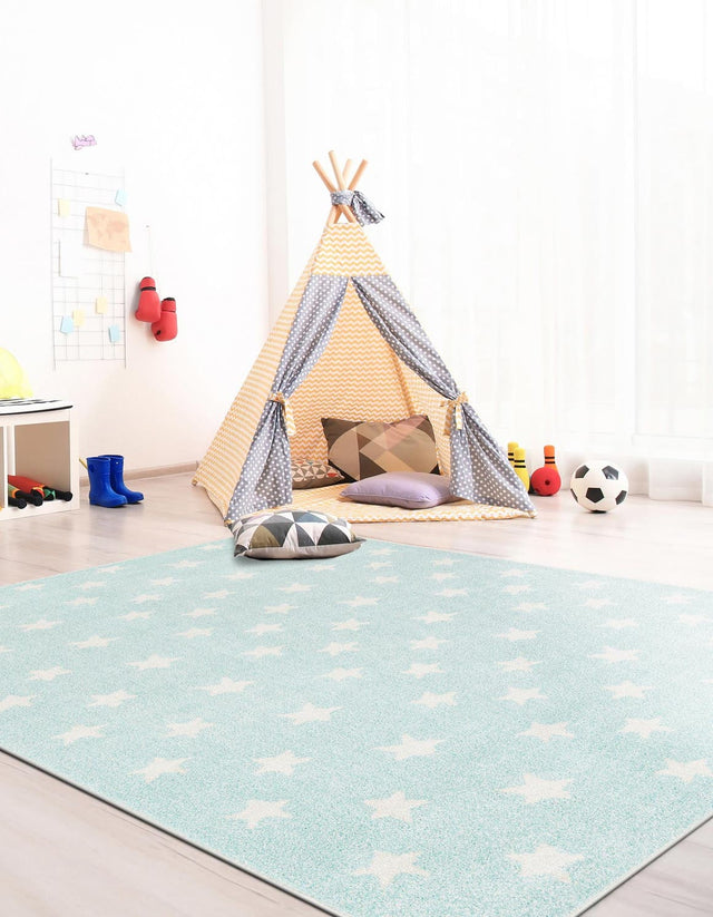 Clear Blue 7' 10 x 10' Whimsy Kids Rectangle Area Rug for Baby Nursery, Toddler Playroom, Bedrooms Playful Fun Design Easy Clean Carpet for Sale at Rug Engine