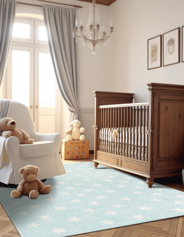 Clear Blue 4' 1 x 6' 1 Whimsy Kids Rectangle Area Rug for Baby Nursery, Toddler Playroom, Bedrooms