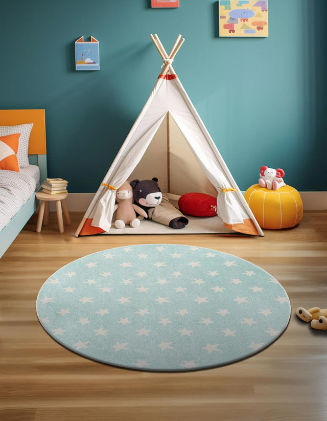 Clear Blue 5' 1 x 5' 1 Whimsy Kids Round Area Rug for Baby Nursery, Toddler Playroom, Bedrooms Playful Fun Design Easy Clean Carpet for Sale at Rug Engine