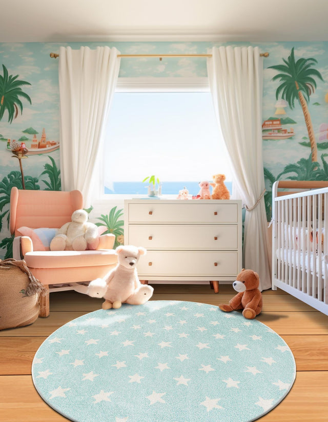 Clear Blue 7' 10 x 7' 10 Whimsy Kids Round Area Rug for Baby Nursery, Toddler Playroom, Bedrooms