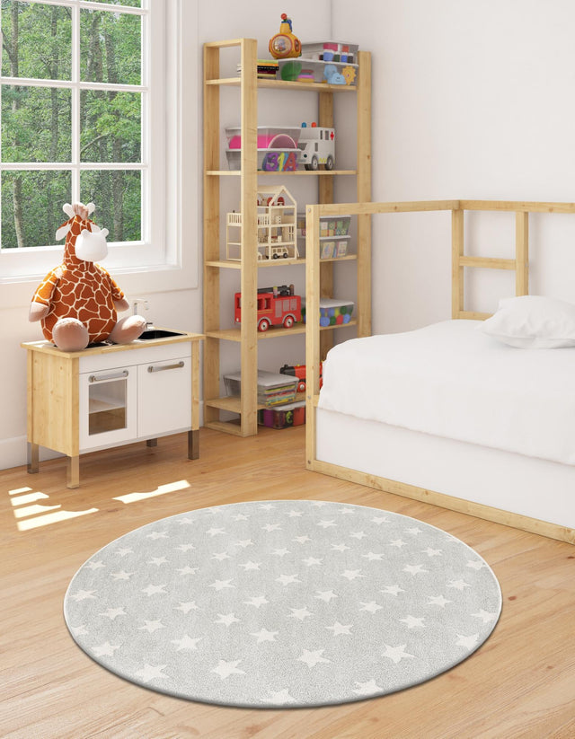 Cloud Gray 6' 1 x 6' 1 Whimsy Kids Round Area Rug for Baby Nursery, Toddler Playroom, Bedrooms