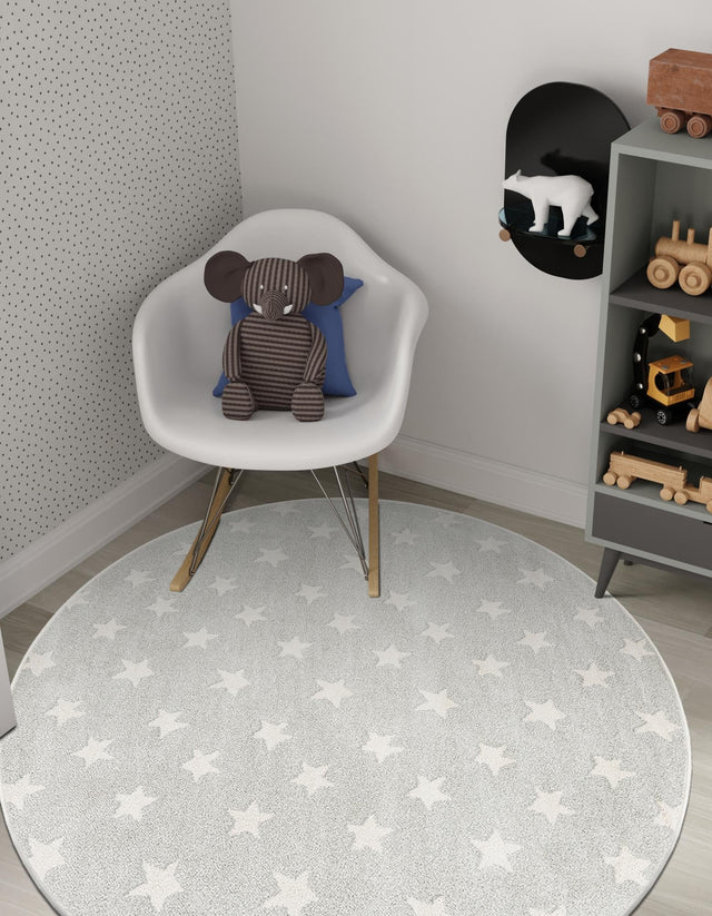 Cloud Gray 6' 1 x 6' 1 Whimsy Kids Round Area Rug for Baby Nursery, Toddler Playroom, Bedrooms