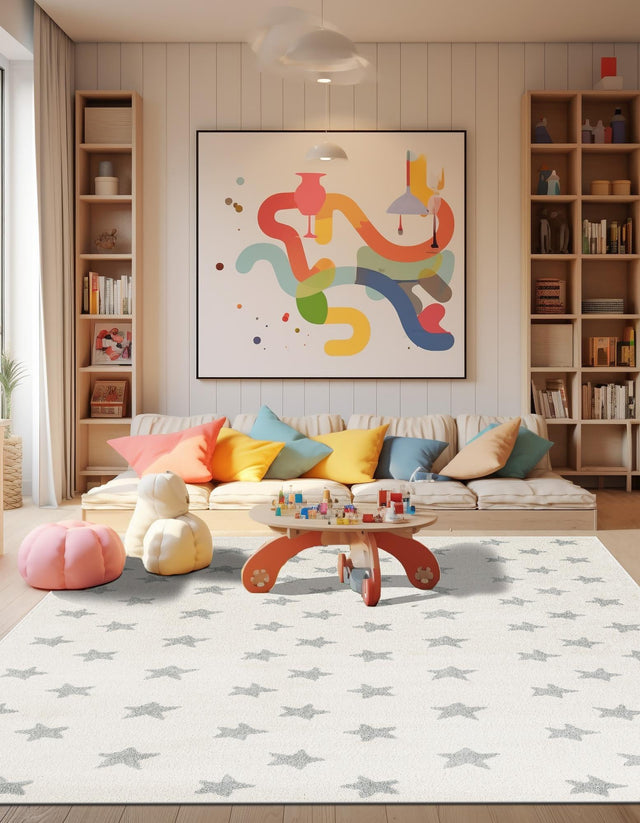 Daisy White 5' 3 x 8' Whimsy Kids Rectangle Area Rug for Baby Nursery, Toddler Playroom, Bedrooms
