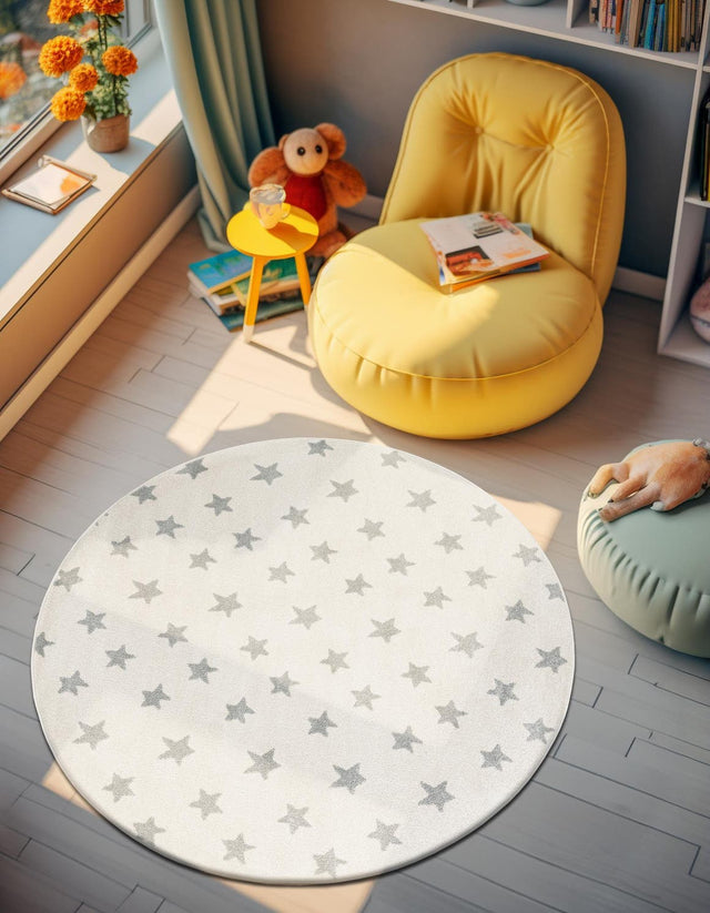 Daisy White 7' 10 x 7' 10 Whimsy Kids Round Area Rug for Baby Nursery, Toddler Playroom, Bedrooms Playful Fun Design Easy Clean Carpet for Sale at Rug Engine